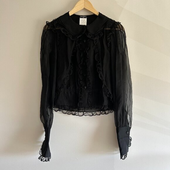 CHANEL BLACK SILK RUFFLE BLOUSE - Picture 1 of 15